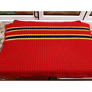 Vintage Red Blue Yellow Handmade Open Knit Crochet Afghan Throw Blanket 42 x 62